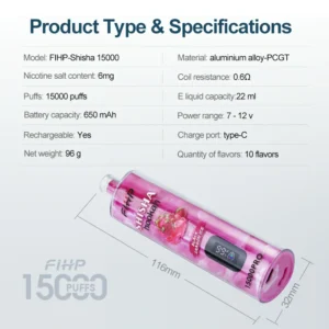 FIHP Shisha Hookah 15000 Pro Disposable Vape Pen 22ml E-Liquid with 650mAh Type-C Original Factory Wholesale 1