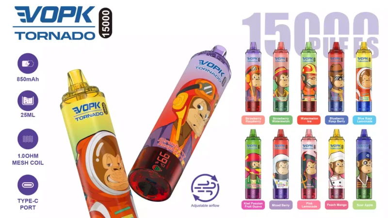 2025 Hot VOPK TORNADO 15000 Puffs 0% 2% 3% 5% Low Nicotine Disposable Vape Bulk Buy Rechargeable Wholesale 2