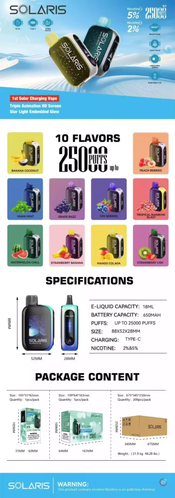 Top Value Factory Supply of Solaris 25K Puffs Vape Pen in Multiple Nicotine Strengths